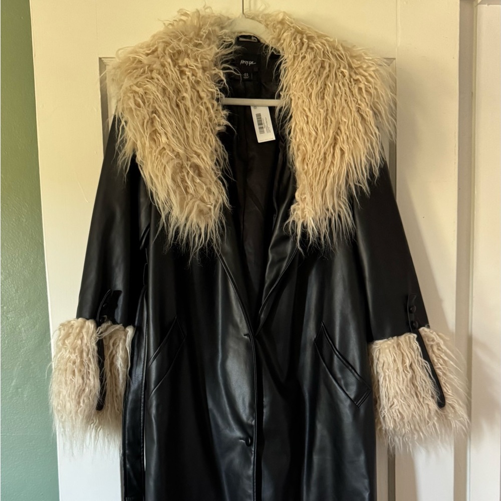 Black Faux Leather Coat with Cream Fur Trim new with tags